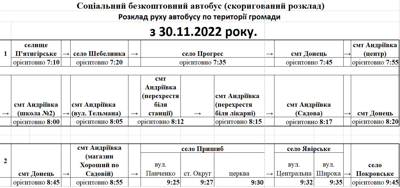 Розклад руху соціального автоубусу Донецької громади