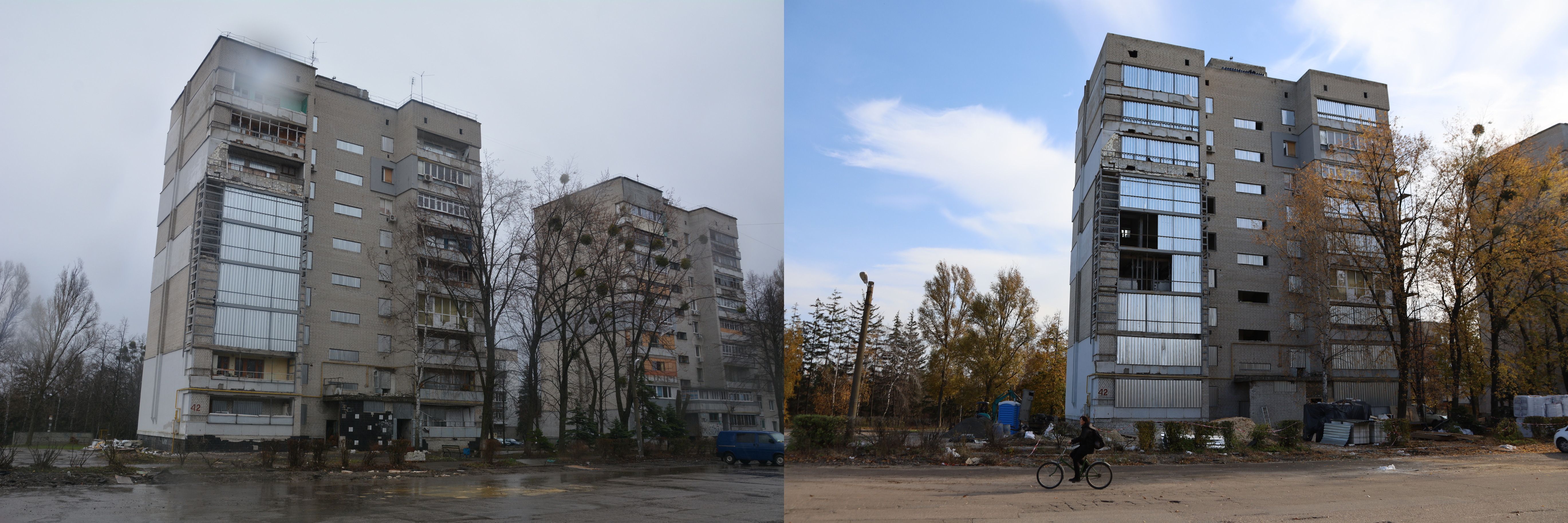 Дев'ятиповерхівка у Докучаєвському у квітні та листопаді 2023 року