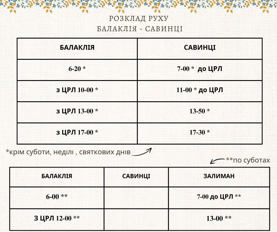 автобус Балаклія-Савинці, графік руху