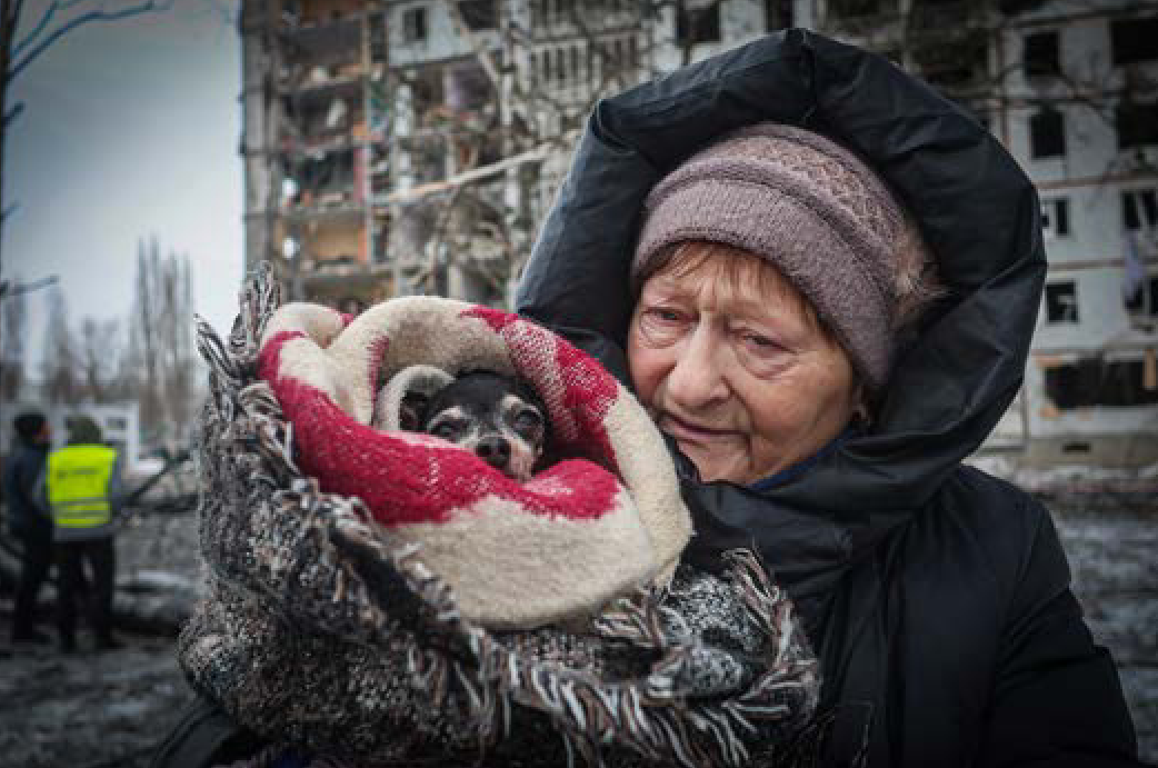 Харків, зруйнований будинко, літня жінка тримає на руках собаку